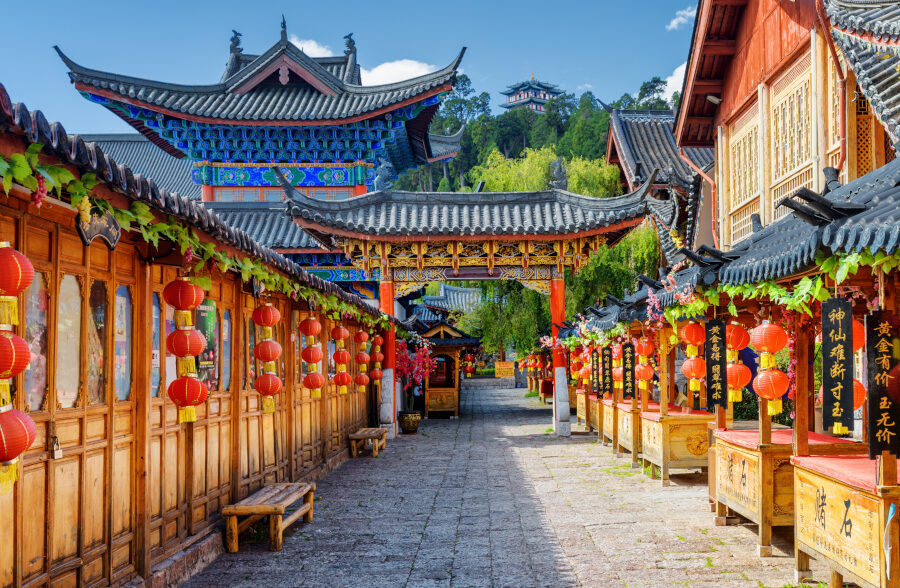 Chinese street decorated with red lanterns