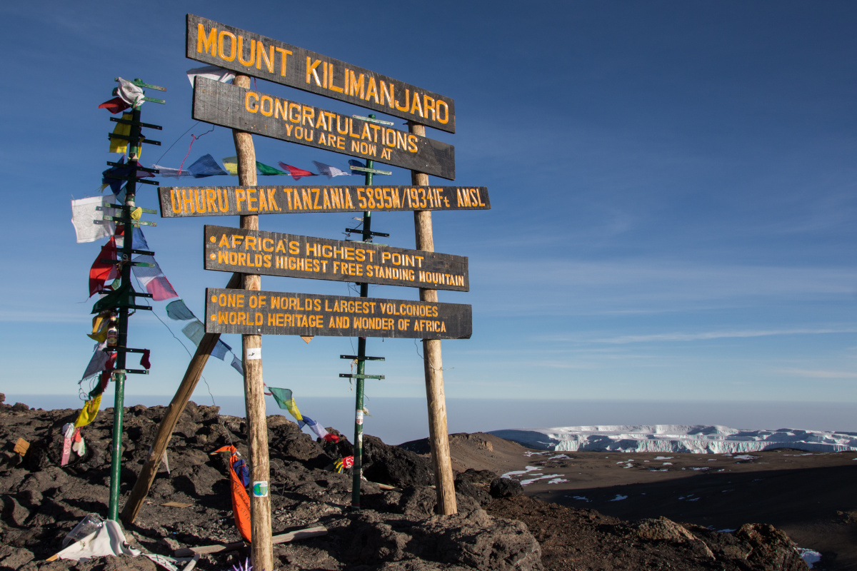 Sign on top of mount Kilimanjaro at Uhuru Peak in Tanzania