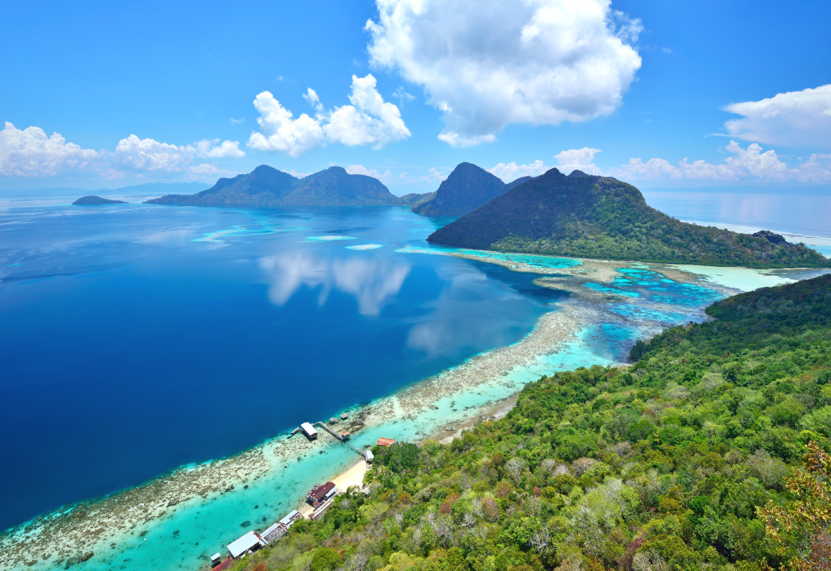 Aerial view of tropical island of Bohey Dulang Sabah Borneo, Malaysia.