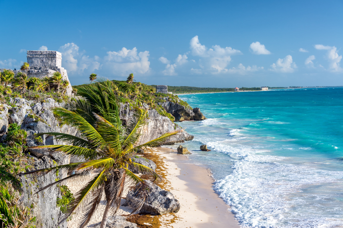 Ruins of Tulum, Mexico and a palm tree overlooking the Caribbean Sea in the Riviera Maya
