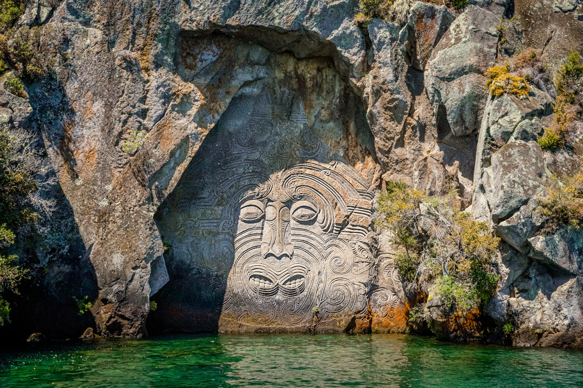 traditional rock carving lake taupo north island new zealand