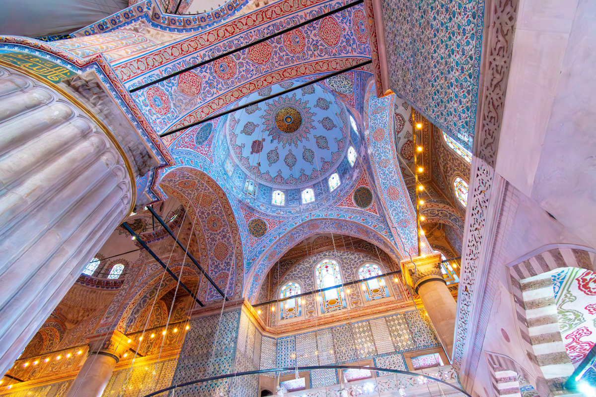 inside the historic Blue Mosque in Istanbul, Turkey.