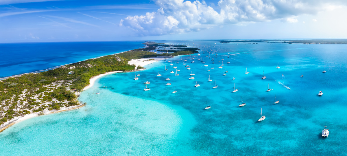Aerial view of the beautiful coast of Stocking Island, The Exumas, Bahamas, with sandy beaches and turquoise ocean