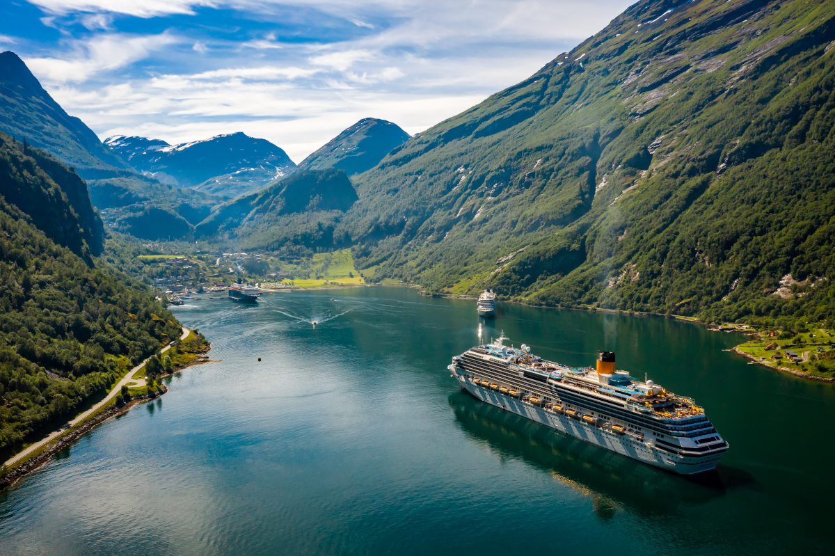 Cruise Liners On Geiranger fjord, Norway.